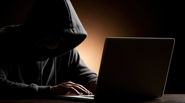 Anonymous hooded figure working secretly on a laptop computer in a dark room