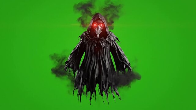 Plague doctor ghost with glowing red eyes on green screen, spooky grim reaper phantom in black tattered robes, dark horror creature with smoke