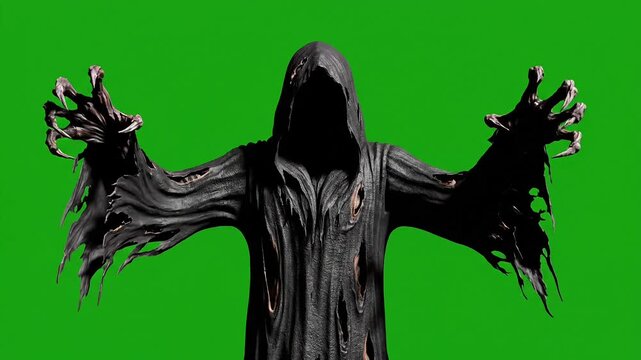 Grim reaper in tattered black robes on green screen, spooky hooded phantom with skeletal claws, dark death figure for horror movie production