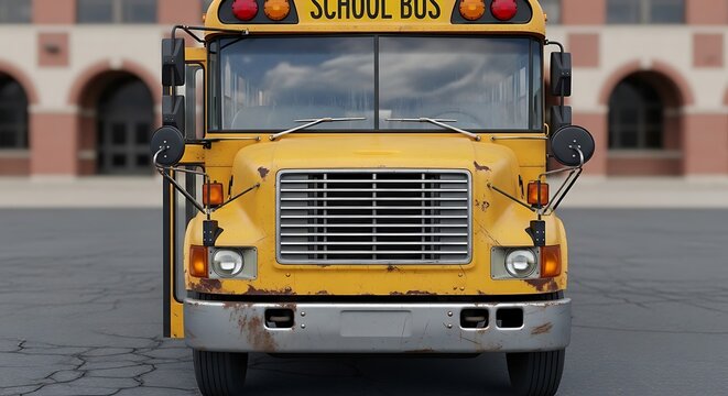Front view of classic yellow school bus parked outdoors