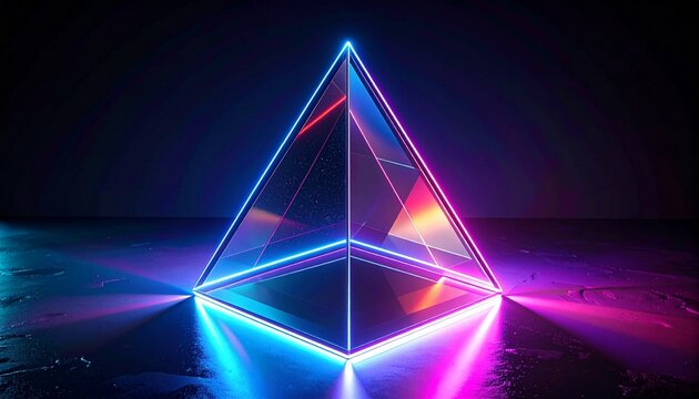 Transparent triangular prism glowing with neon lights, symbolizing geometry, futurism, and multidimensional design on reflective surface.