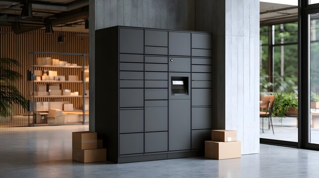 Modern black parcel locker unit stands in a spacious industrial style interior with concrete pillars and stacked cardboard boxes nearby
