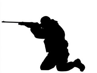 Fototapeta premium Silhouette of a soldier kneeling and aiming a rifle isolated on white background