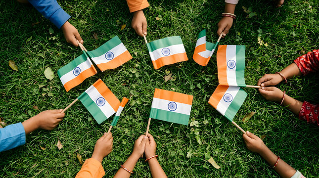 Group of people holding small indian flags over green grass background