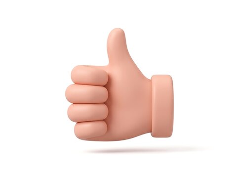 3D render of a human hand gesture showing a thumbs up symbol for positive feedback with positive
