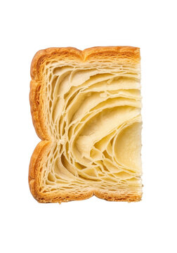 Fresh slice of flaky golden croissant pastry showing delicious buttery layers close up view isolated on transparent background