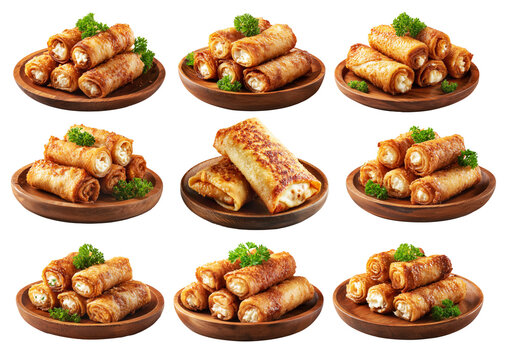 Set of Australia Chiko Roll or crispy fried chicken wrap stuffed with melted cheese, bell peppers, and meat on white background