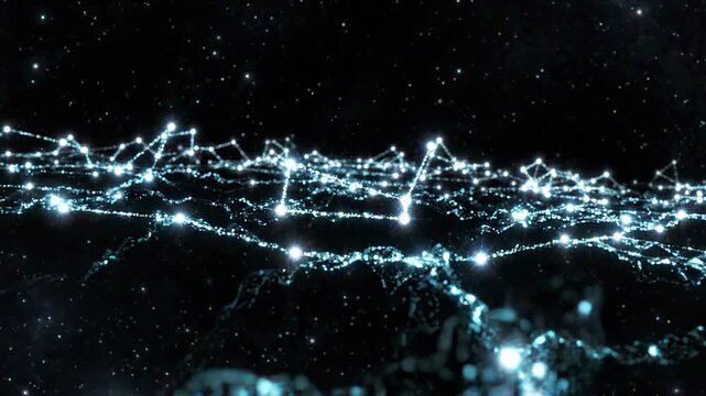 Dynamic luminous network flowing through digital space, an abstract representation of interconnected data pathways and future technological evolution