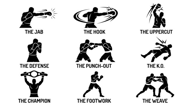 Dynamic black boxing move silhouette set featuring the jab, hook, uppercut, defense stance, punch-out, knockout, champion pose, footwork, and weaving techniques for boxing training guides, gym posters