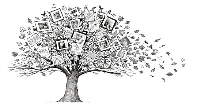 Hand-drawn illustration of a family tree with framed photos, documents, and falling leaves on a white background