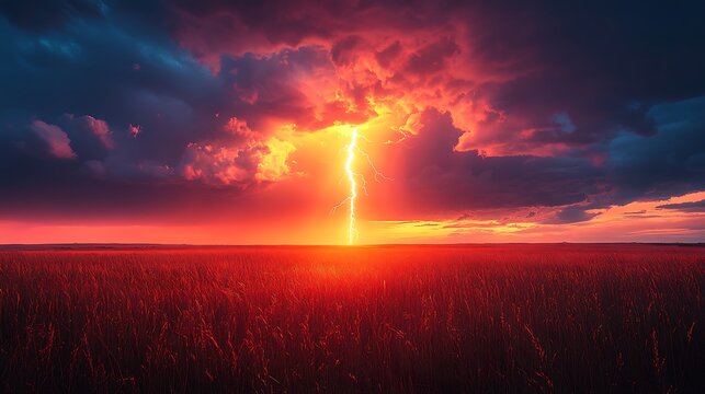 Fiery lightning strike at sunset
