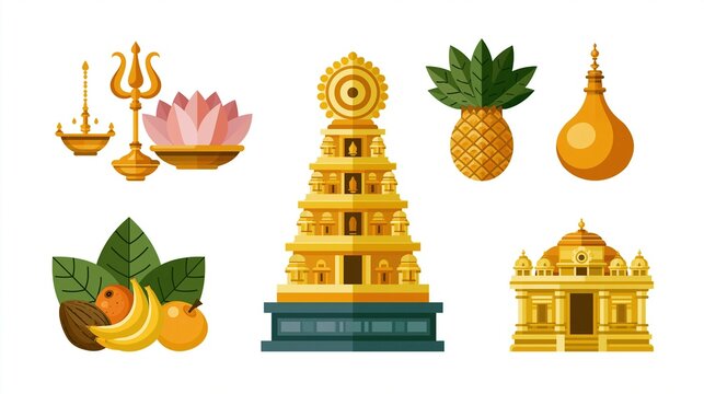 Collection of Golden Hindu Religious Symbols, Temple Architecture, and Offerings with Fruits