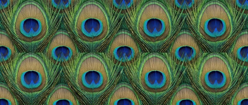 Abstract peacock feather pattern featuring vibrant iridescent plumage texture for luxury fashion branding and sophisticated decorative wallpaper backgrounds.