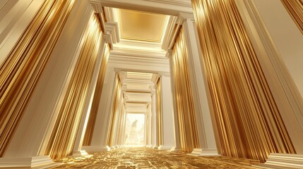 Fototapeta premium Luxurious Golden Hallway with Classical Columns and Rich Drapes, Evoking Grandeur and Opulence