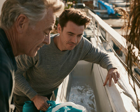 Two men lean over a boat's edge, focused on something below