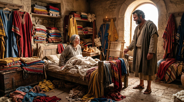 Tabitha (Dorcas) being miraculously raised from the dead by Peter, sitting up in a bed surrounded by the beautiful garments she had sewn