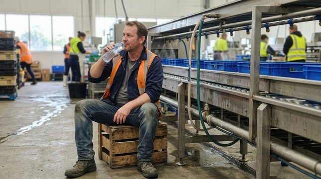 Industrial worker finds a moment of respite drinking water while seated on a wooden crate amidst the rhythmic hum of a bustling food processing facility