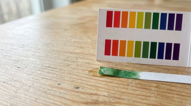 A precise scientific pH indicator test strip resting on a wooden surface