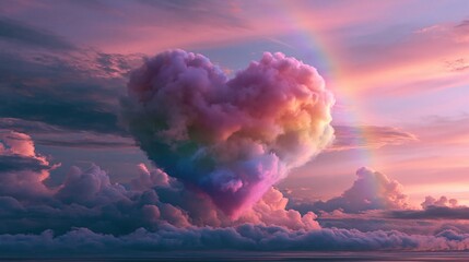 Obraz premium Dreamy Heart Shaped Cloud Formation with Rainbow at Sunset Sky