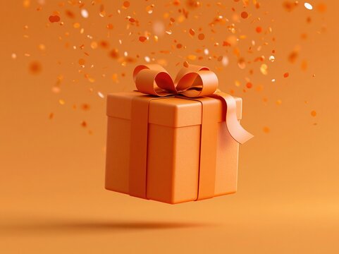 Orange gift box with ribbon and bow floating amidst falling confetti on orange background