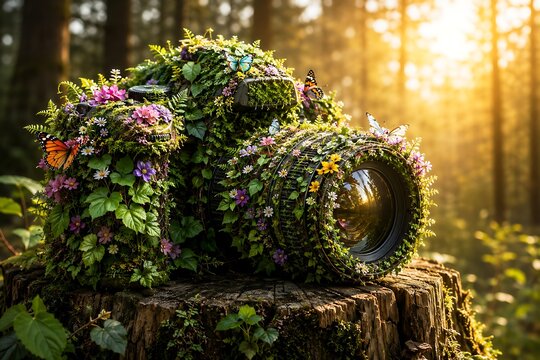 Nature Inspired DSLR Camera Made of Flowers and Moss on Tree Stump at Sunrise