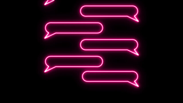Glowing neon pink speech bubbles arranged in a staggered vertical layout on a solid black background representing digital communication and messaging
