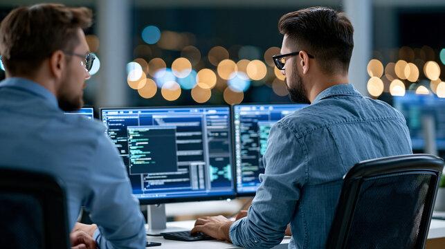 Faceless two IT experts examining code for security threats on computer screens in dark room, late night cybersecurity project concept, defocused background, with copy space