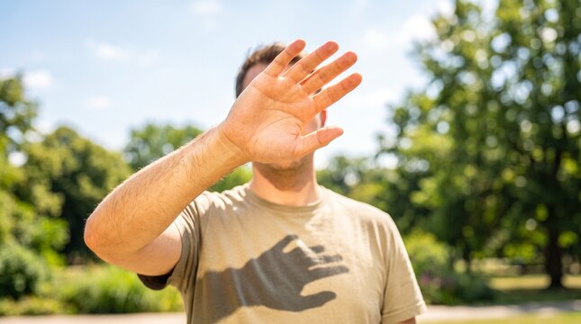 Man shielding his face from the sun with his hand in a sunny green park during daytime