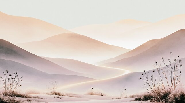 Serene Desert Landscape with Rolling Dunes and Wispy Dry Grass in Soft, Muted Tones