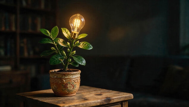 Creative concept of a glowing light bulb emerging from a healthy potted plant, symbolizing innovation, sustainable ideas, green energy, growth, inspiration, and creative thinking in a cozy interior.