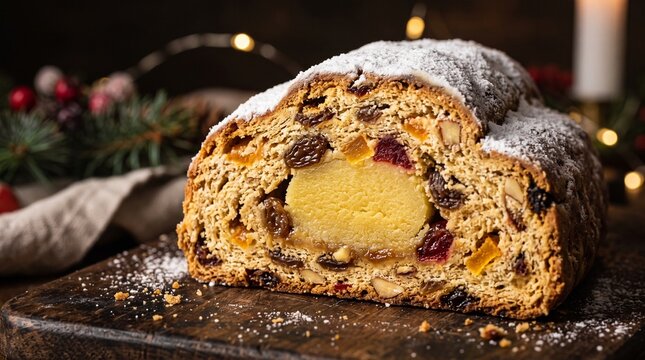 Slice of traditional German Christmas stollen bread filled with marzipan and dried fruits close up