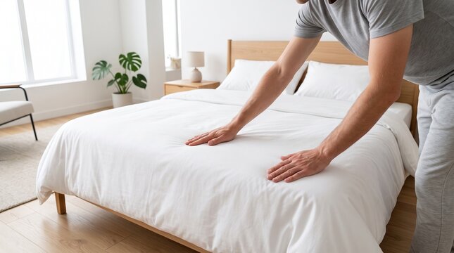 Man smoothing white sheets on a comfortable wooden bed in a bright modern bedroom
