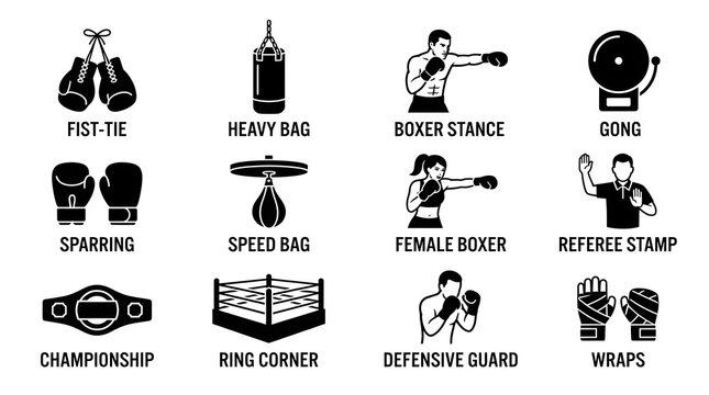  Black boxing equipment and fight training icon set showing fist tie, heavy bag, boxer stance, gong, sparring gloves, speed bag, female boxer, referee stamp, championship trophy, ring corner, defensiv