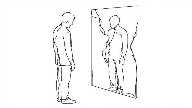 Man standing beside a broken mirror reflecting his distorted silhouette in a stark black and white line drawing