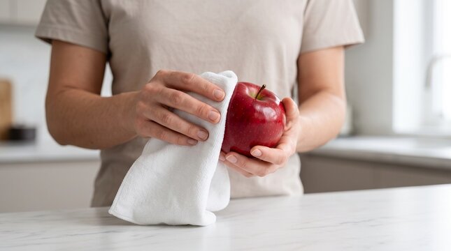 Woman wiping a fresh red apple with a clean white cloth in a bright kitchen, practicing food hygiene