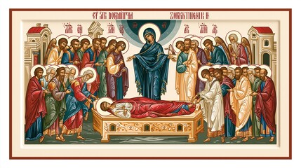 Obraz premium Orthodox Icon Depicting the Dormition of the Theotokos with Apostles and Angels