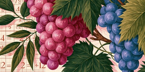 Obraz premium Artistic Illustration of Purple and Red Grapes with Mathematical Symbols on a Grid Background