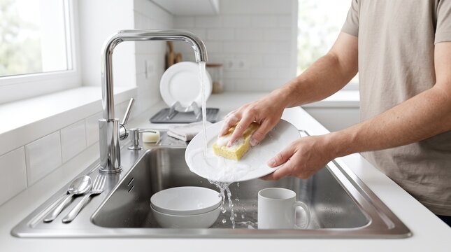 Close up of an adult cleaning dishes in a modern white kitchen sink