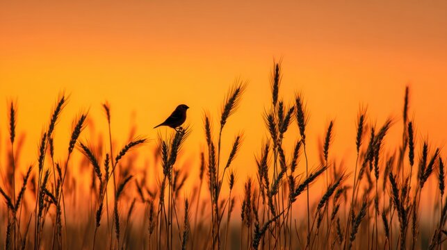 Golden wheat field at sunset with small bird silhouette showcasing ripe grain crop peaceful rural agriculture landscape and natural beauty