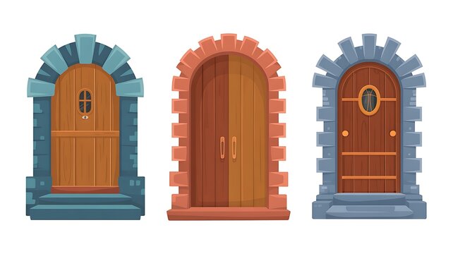 Cartoon set of medieval castle doors on white. Vector cartoon set of entrance in vintage house, castle or temple. Colored ancient doors from wood planks isolated