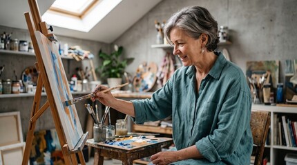 Fototapeta premium Happy senior woman painting on canvas at easel in art studio.