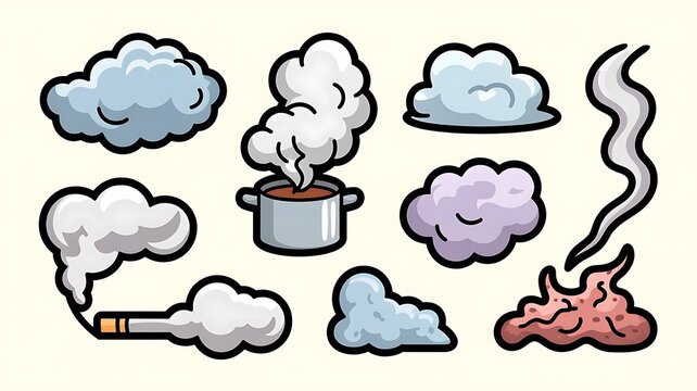Cartoon smoke set. Smoking car motion clouds cooking smog smell. Steam smoke clouds of cigarettes or expired old food vector cooking cartoon icons. 