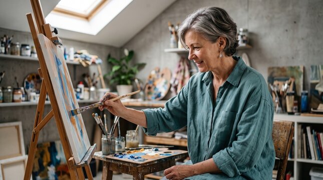 Happy senior woman painting on canvas at easel in art studio.