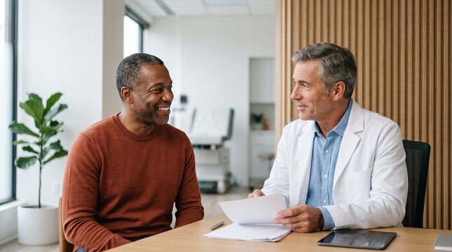 Male doctor consulting smiling African American patient in modern medical office.