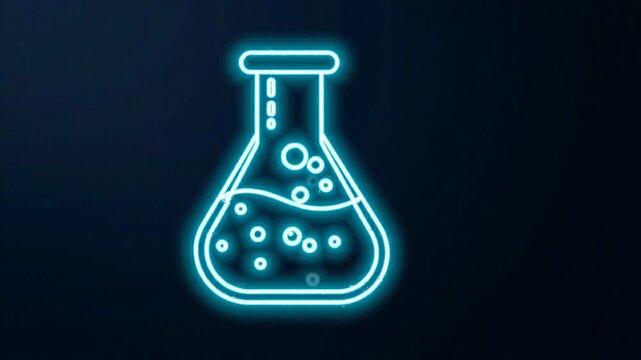 Glowing blue neon chemistry lab flask icon with bubbles on a dark background for science concepts