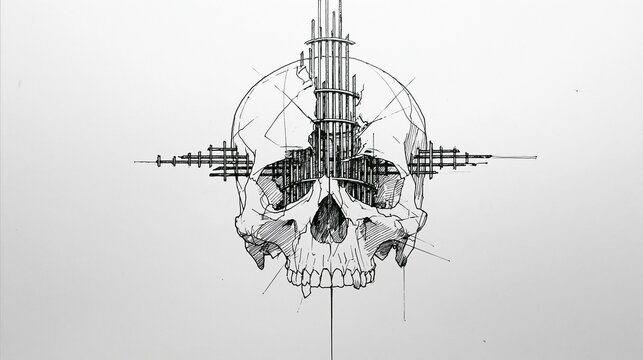 A detailed black ink sketch of a human skull impaled by vertical and horizontal metal rebar against a plain background
