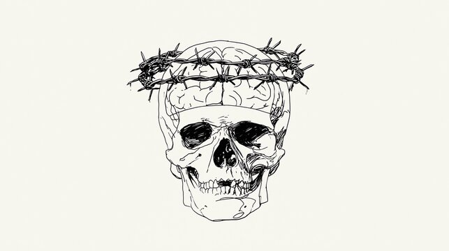 Grisly Skull with Barbed Wire Crown on Exposed Brain, Symbolizing Pain and Mental Anguish