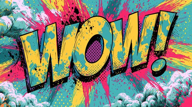 Vibrant comic book style illustration featuring the word wow in bold yellow letters with colorful splashes and clouds