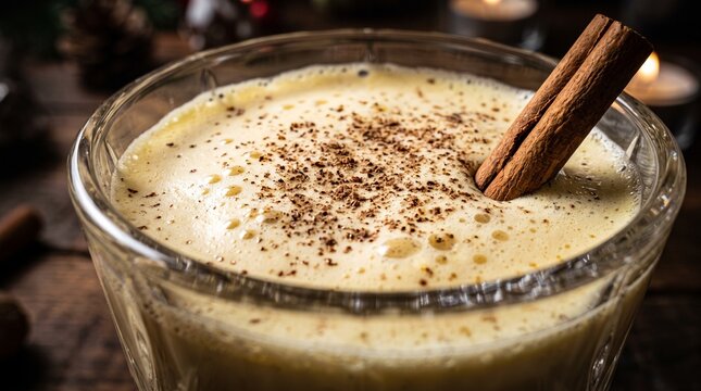 Creamy Christmas eggnog in crystal glass with cinnamon stick and grated nutmeg close up