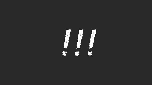 Exclamation mark scribble animation appears as three white handdrawn crayon shapes on texture.